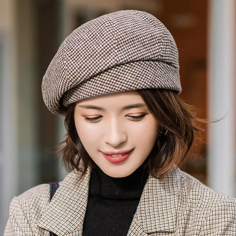 Women Wool Beret Foldable Japanese Caps Casual Female Cotton Hats Plaid Vintage Cap Warm Fashion Shade Tie-Dye Newsboy Caps