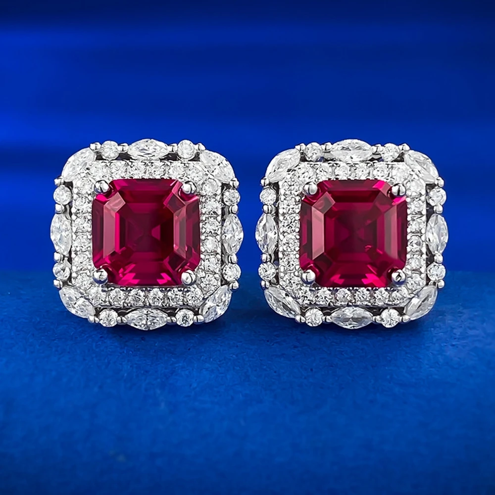 Wong Rain Vintage 925 Sterling Silver Asscher Cut 7*7 MM Ruby High Carbon Diamond Gemstone Studs Earrings Jewelry Free Shipping