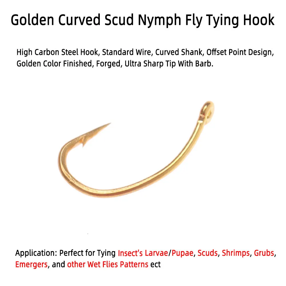 Wholesale 500PCS Golden Curved Nymph Fly Hook Nymph Scud Shrimp Pupae Larvae Caddis Fly Tying Fishing Hooks #10 #12 #14 #16
