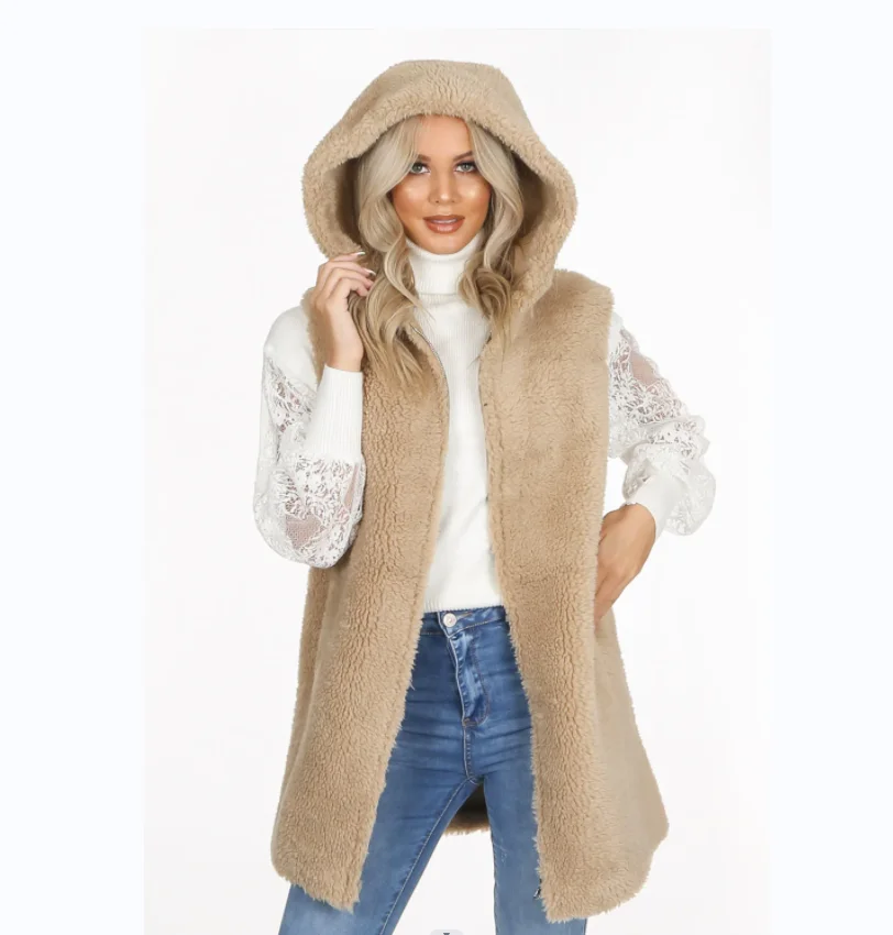 

Ladies Teddy Fleece Vest Faux Fur Vest With Hood