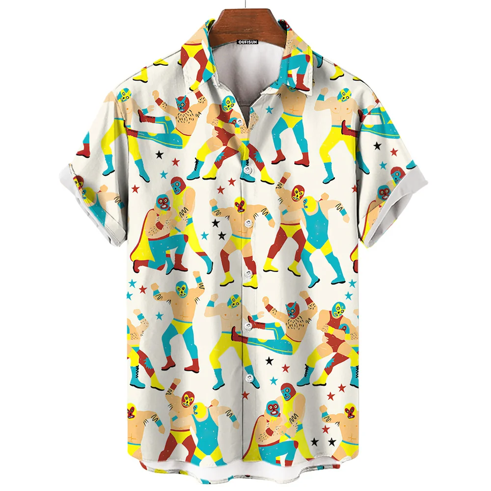 3D printed men's shirts 3D Mexican wrestling printed short sleeved shirts Fashion men's clothing Loose oversized Hawaiian shirts