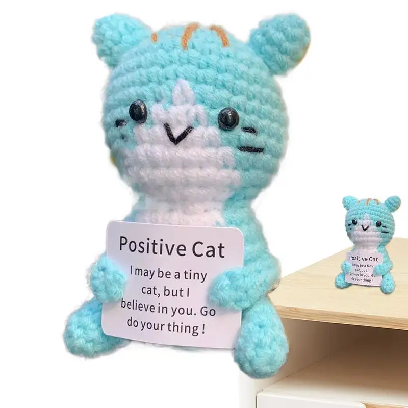 Knitted Positive Cat Hug Pocket Mini Handmade Plush Wool Knitting Doll With Card Funny Christams Gift Home Livingroom Decoration