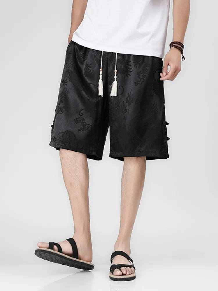 

Мужские летние тонкие шорты из ледяного шелка с вышивкой в виде дракона, повседневные, свободного кроя, молодежные, модные, брендовые