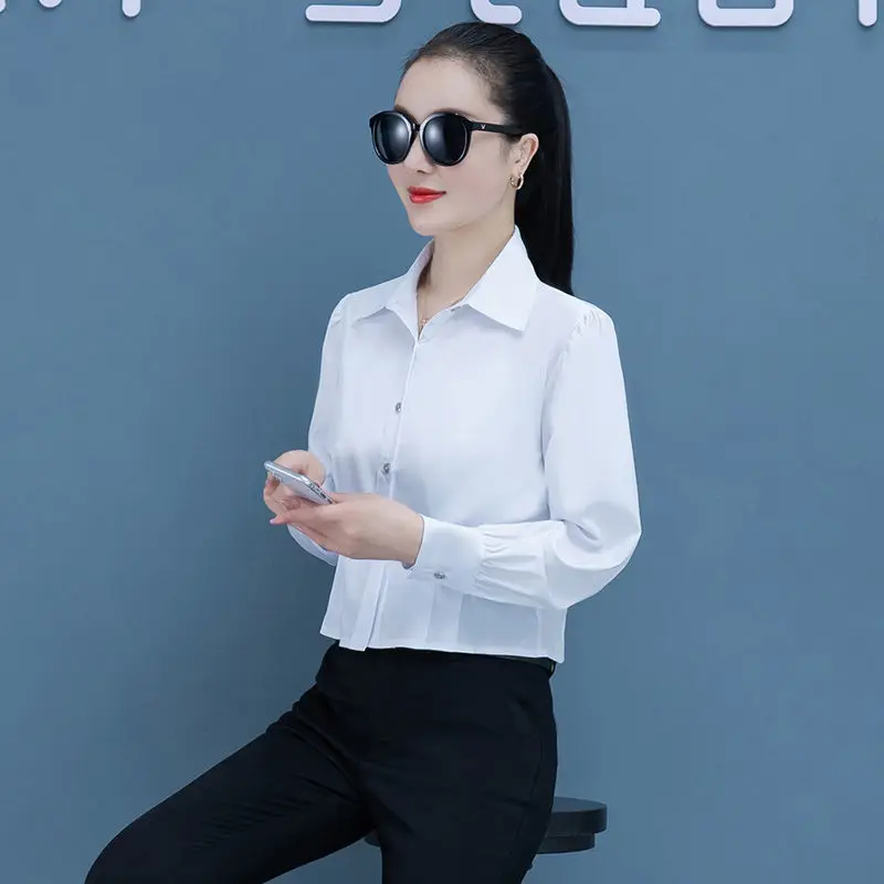 Women Spring Casual Fashion Simplicity Solid Color Polo Collar Long Sleeve Shirts Women Clothes All-match Temperament Slim Tops