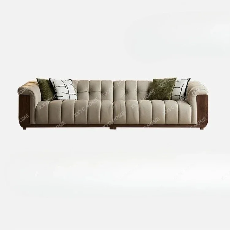 AANorth American Black Walnut Sofa Leather Straight Row Cloud Sofa Living Room Lazy Relaxation Retro Style