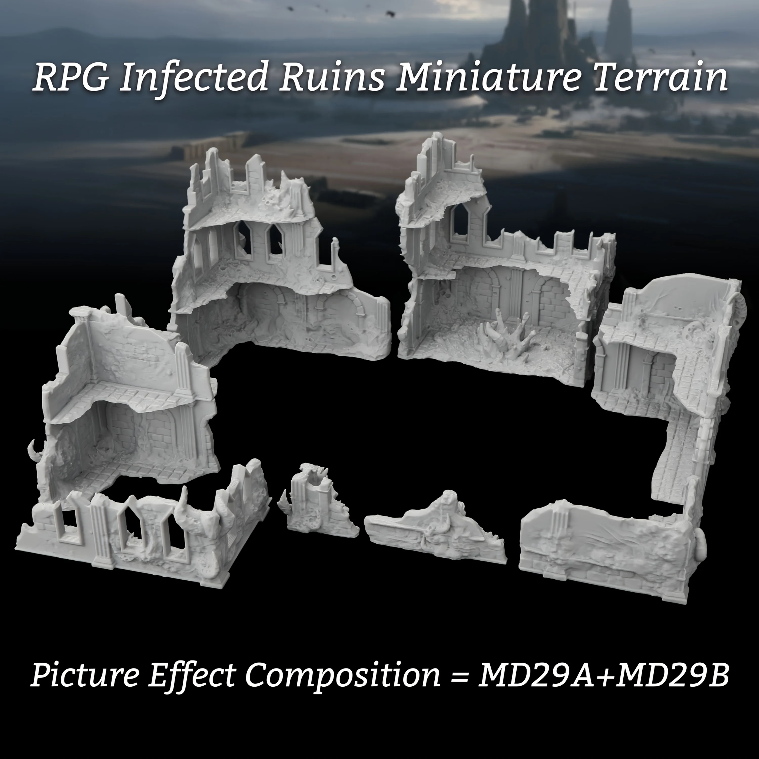 

Sci-Fi Miniature Terrain Set - Infected Ruins, Deteriorated Structures for Tabletop RPG Scene Development, Devastated Cityscape