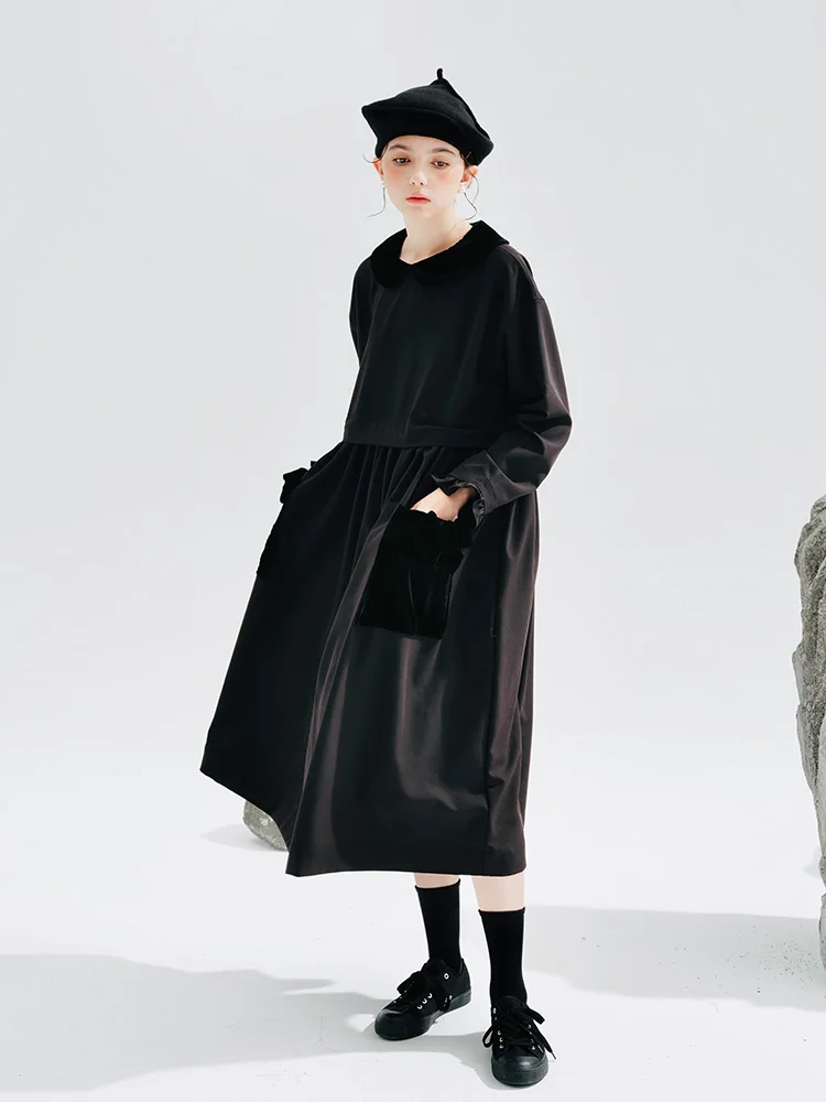 

IMAKOKONI original design autumn and winter new lapel long-sleeved black loose fashion dress 234254