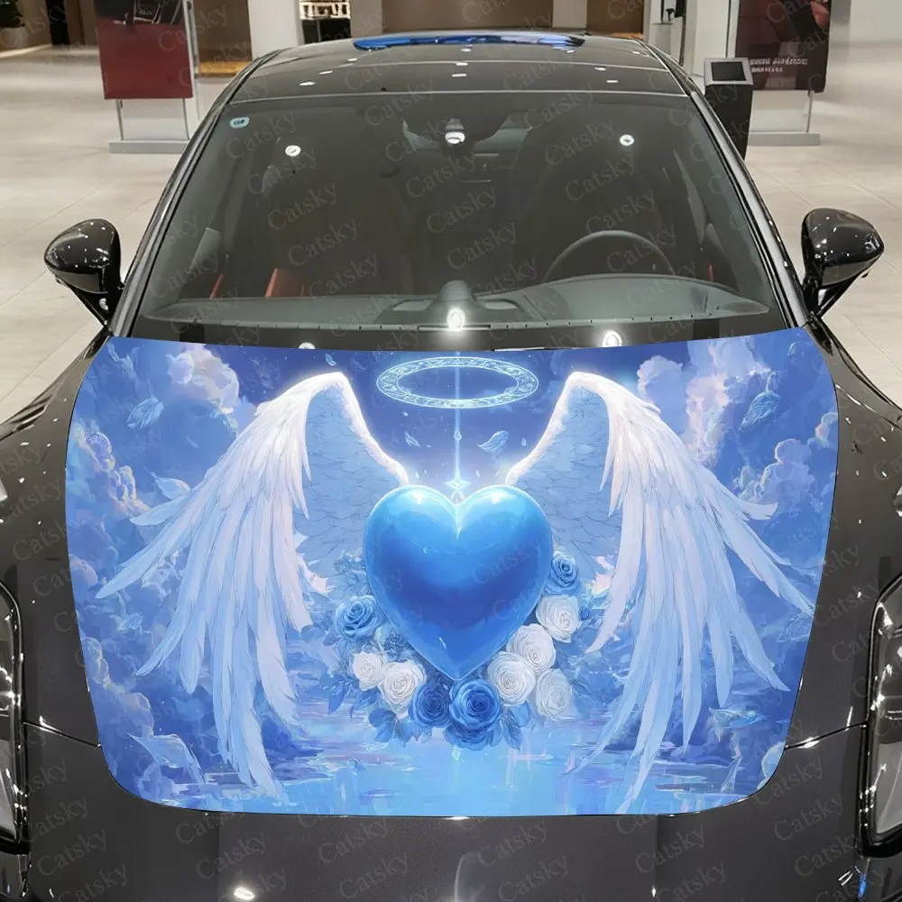 Angel Wings Guarding Blue Heart Car Vinyl Wrap, PVC Waterproof Car Hood Sticker, Self-Adhesive Scratch-Resistant Stickers