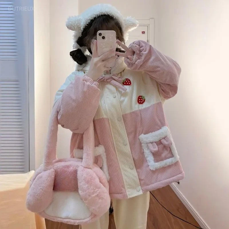 New Winter Embroidery Cute Design Cotton Coats Constrast Color All Match Loose Punk Japan Harajuku Jackets Y2k Aesthetic Clothes
