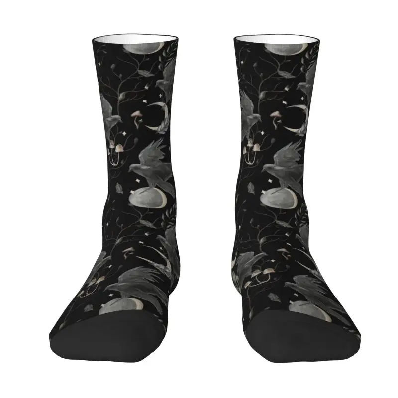 Cool Printing Crow Moon Socks for Men Women Stretchy Summer Autumn Winter Halloween Spooky Witch Crew Socks