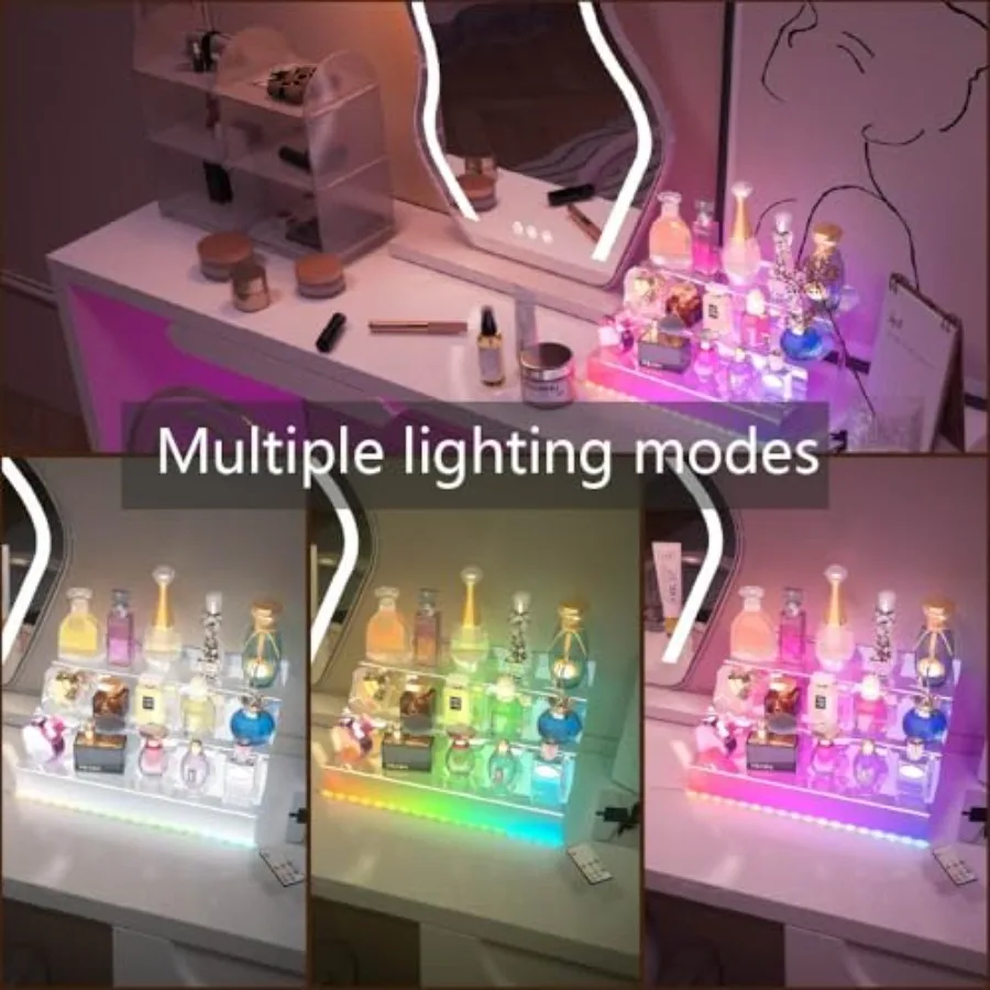 3 Tier Clear Acrylic Perfume Organizer with LED Nail Polish Rack and Cologne Holder for Bedroom or Bathroom Storage Transparent