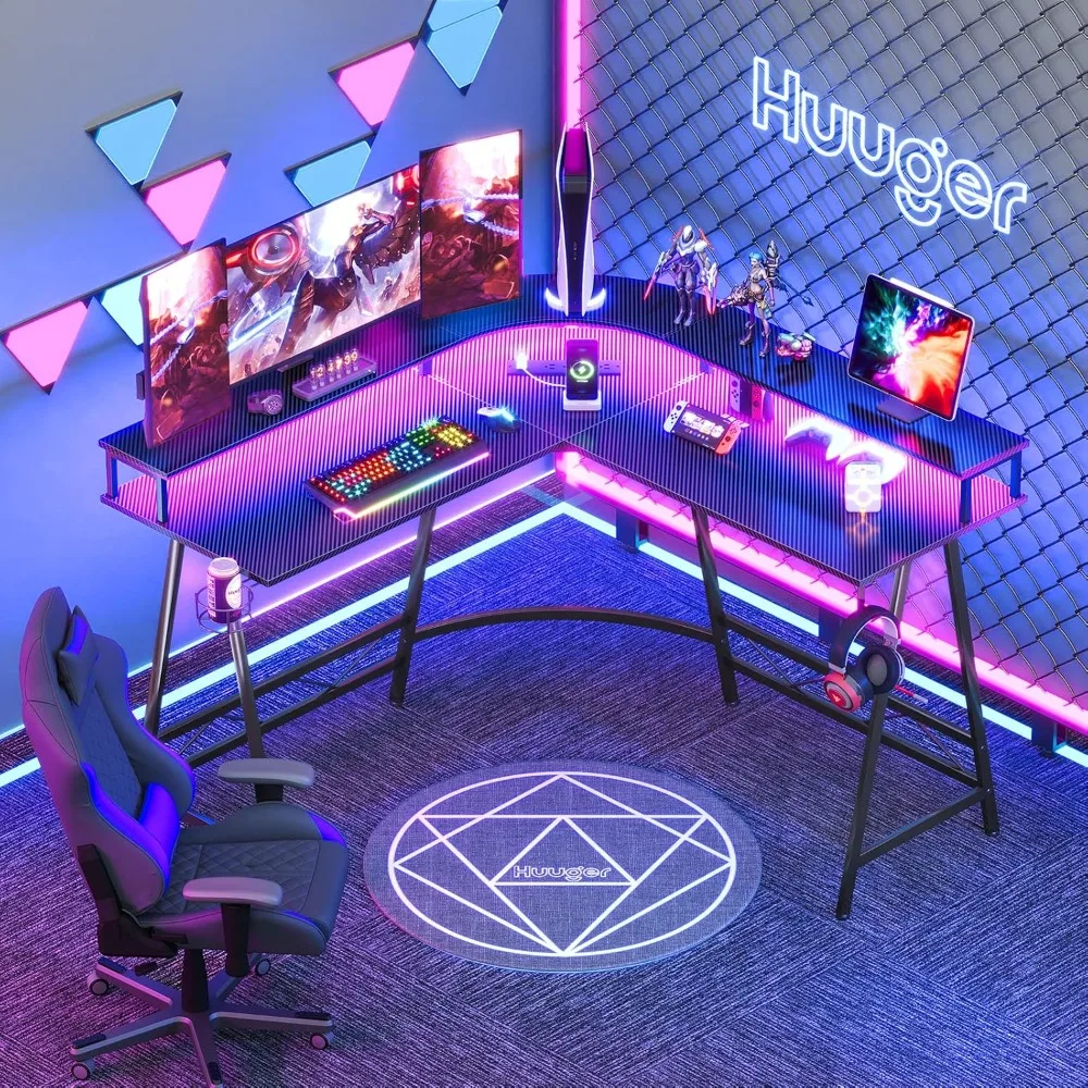 

L Shaped Gaming Desk with LED Lights & Power Outlets, Computer Desks with Monitor Shelves, Home Office Desks Corner