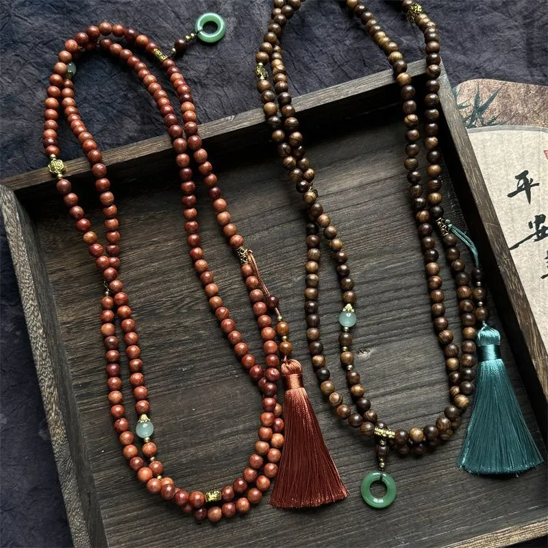 Vintage New Chinese Style Rosewood Buddha Bead Crossbody Necklace, Zen Tassel Jewelry for Cheongsam, Unisex Artistic Accessory