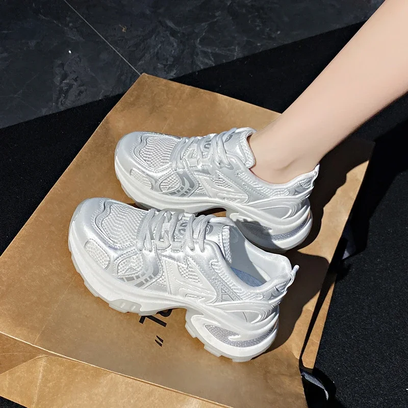 Thick Sole Women Sport Running Shoes Comfortable Walking Sneakers for Girls Spring Summer Silver Lady Fitness Walk Shoes image 6