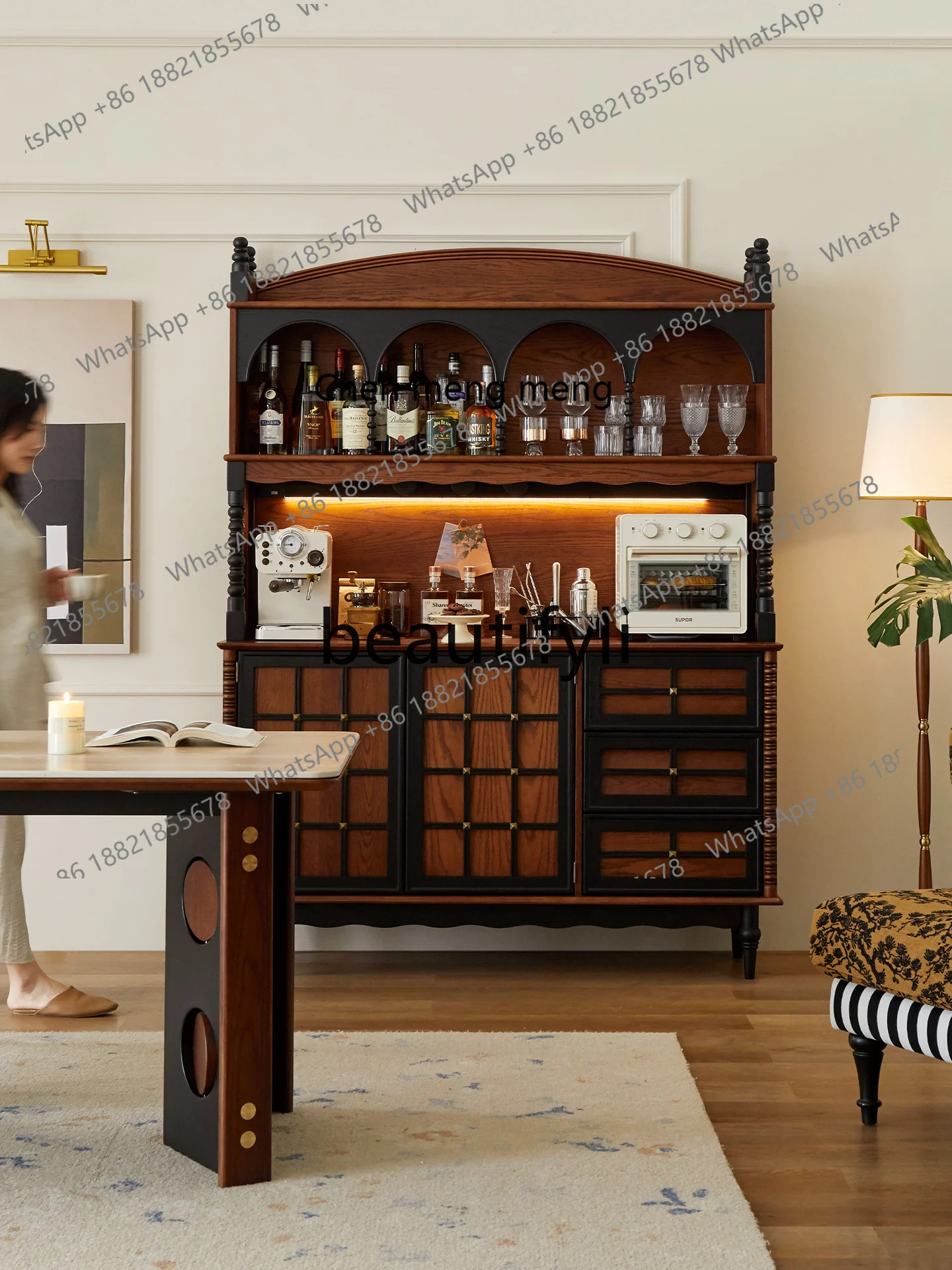 Medieval solid wood dining side cabinet French retro wall integrated locker tea cabinet