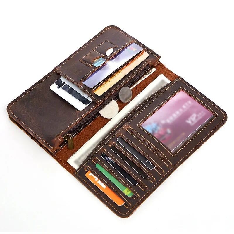 Genuine leather mens wallet crazy horseskin business retro multi card long wallet for men