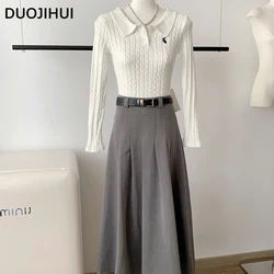 DUOJIHUI Two Piece Autumn Polo Neck Female Pullover Chicly Belt Slim Waist Skirt Basic Loose Long Sleeve Sweater Women Pullover