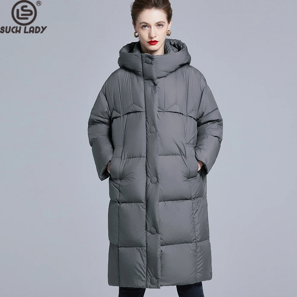 Piumino da donna con cappuccio extra lungo, giacca trapuntata imbottita in piuma grigia con tasche frontali Polsini regolabiliParka invernale oversize