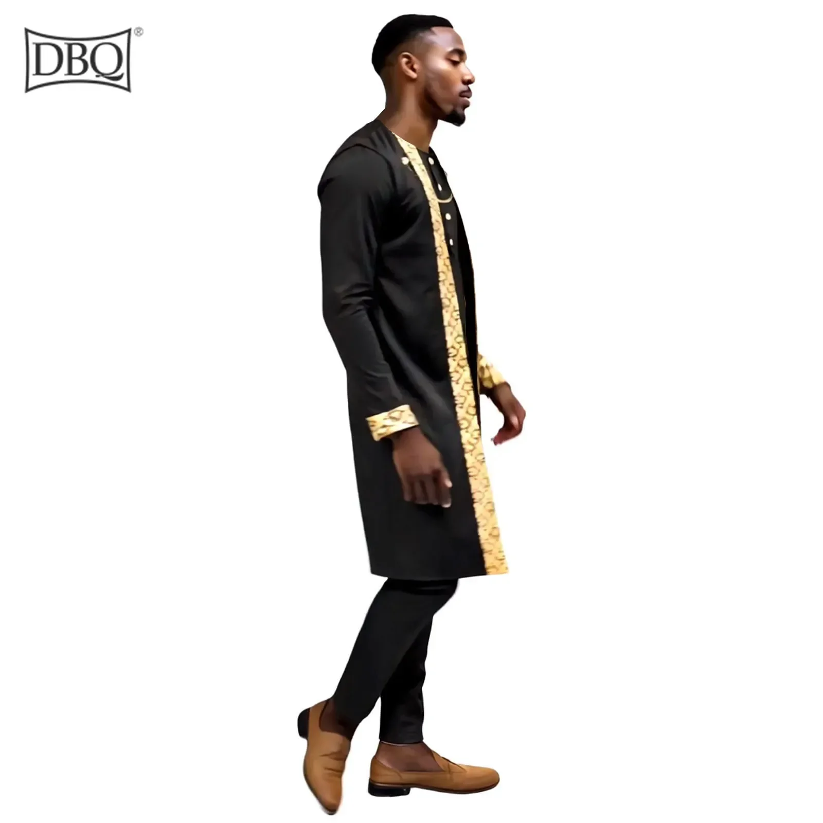 DBQ Men's African Traditional 2 Piece Suit Set Gold Embroidery Chain Dashiki Shirt And Pants Outfit for Special Occasions