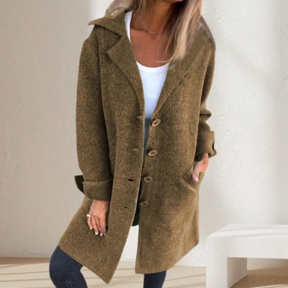 

Autumn Winter Women Jacket Turn-down Collar Single-breasted Long Sleeves Loose Solid Color Woolen Coat Pockets Mid Length Commut