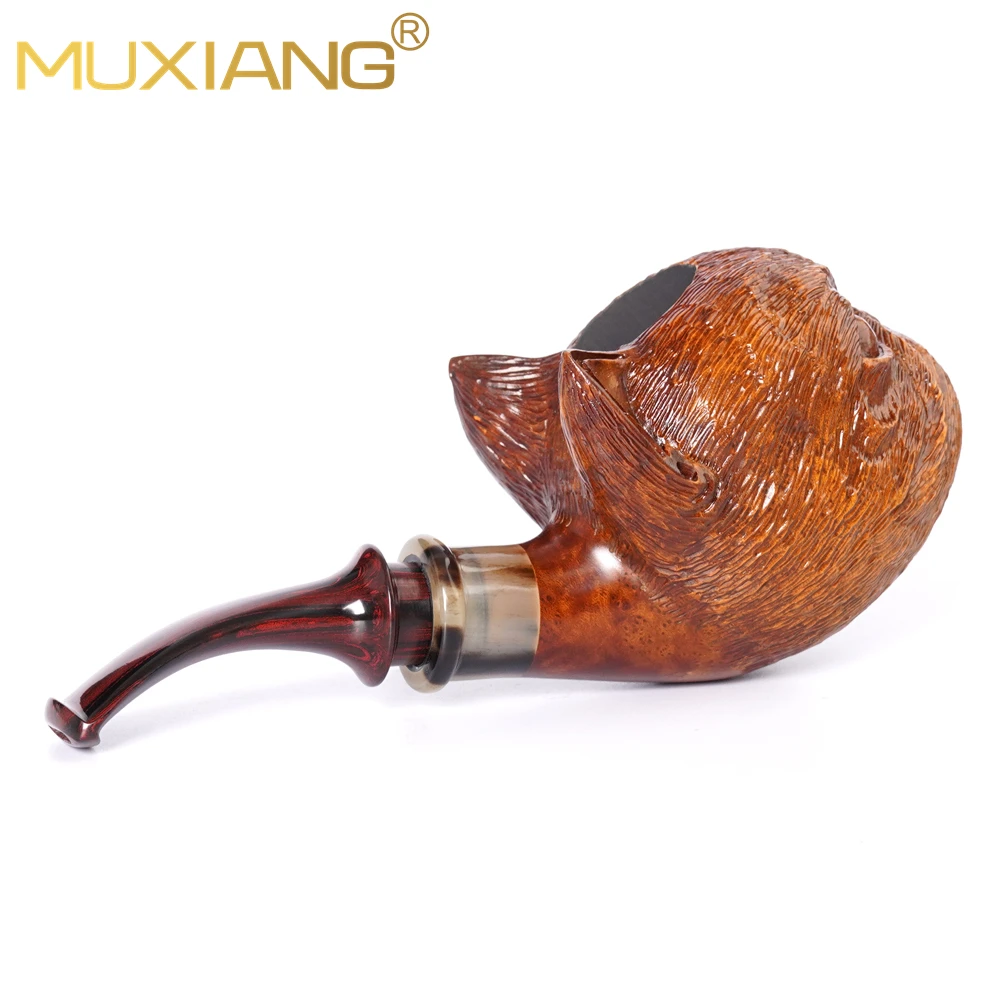 MUXIANG handmade briar tobacco pipe, vulcanized rubber pipe mouthpiece, curved handle master pipe, cat carved pipe，father gifts