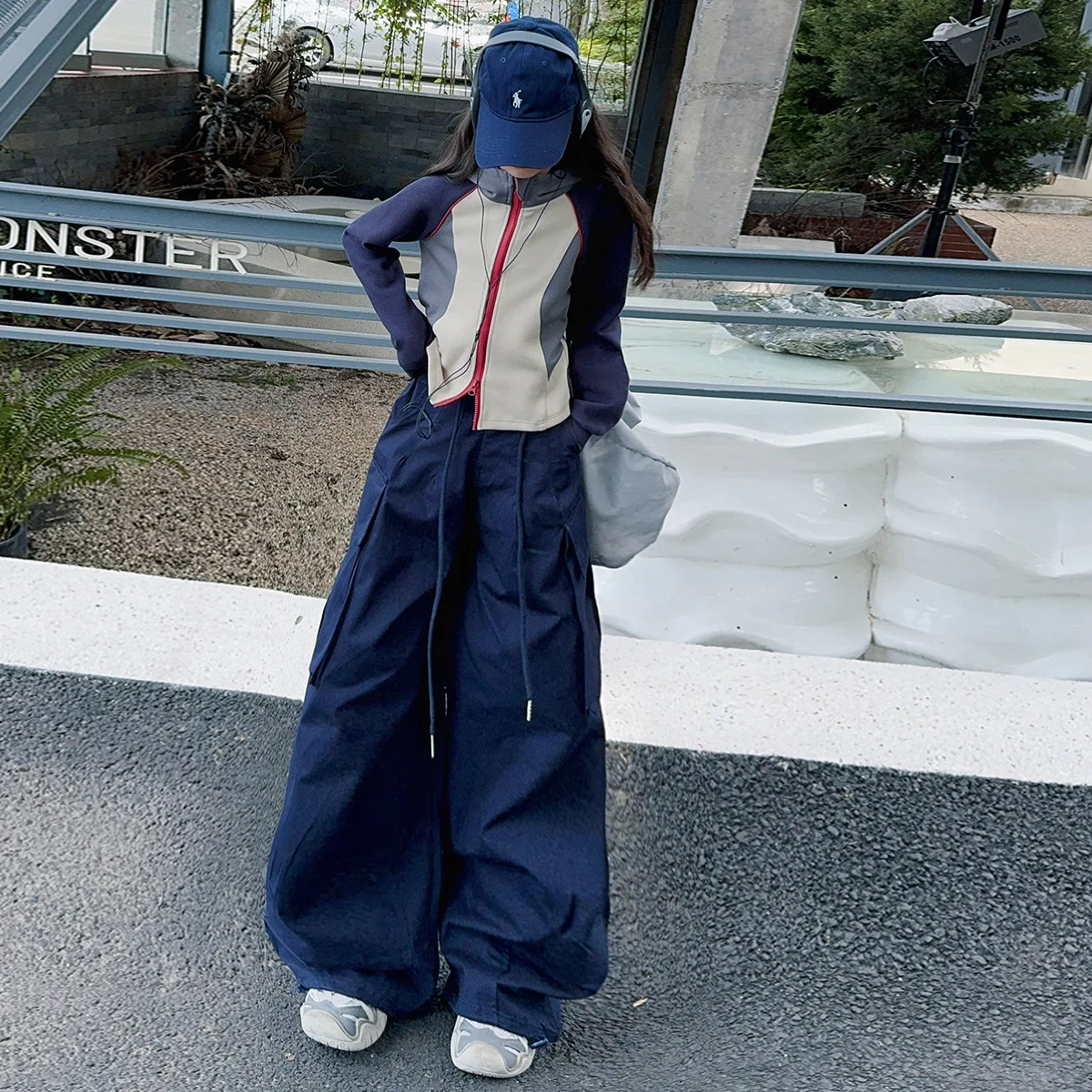 Teen Girls Clothes Set Autumn Hooded Double Zipper Contrasting Coat+Cargo Pants 2pcs Junior Kid Wide Leg Pants Set Child Outfits