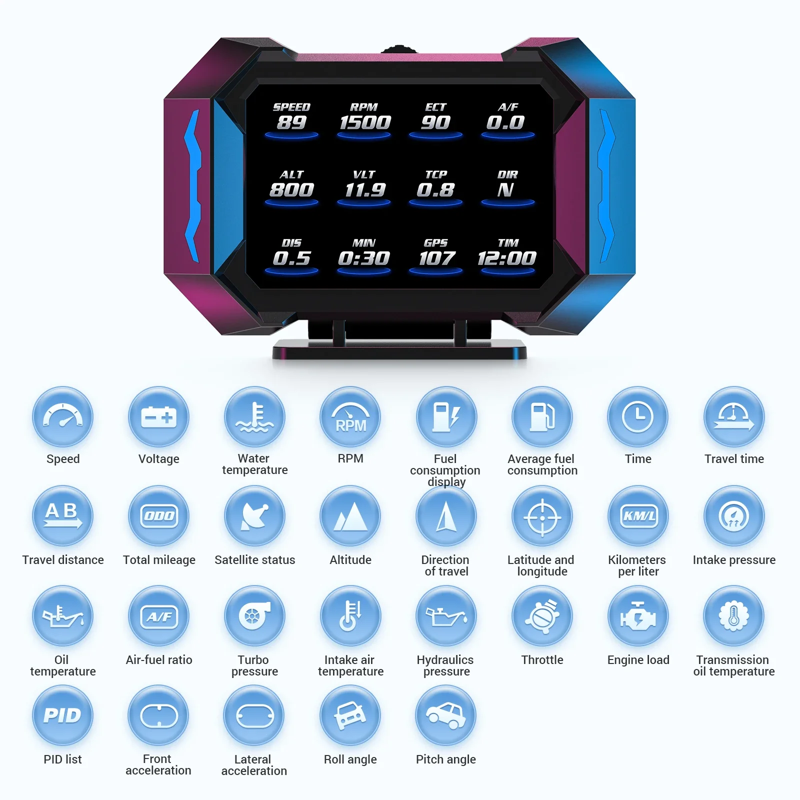 P25 Vehicle Speed HUD Car OBD2+GPS Head Up Display Time Water Temp Fuel Consumption Slope Accelerometer G Value Meter With Alarm