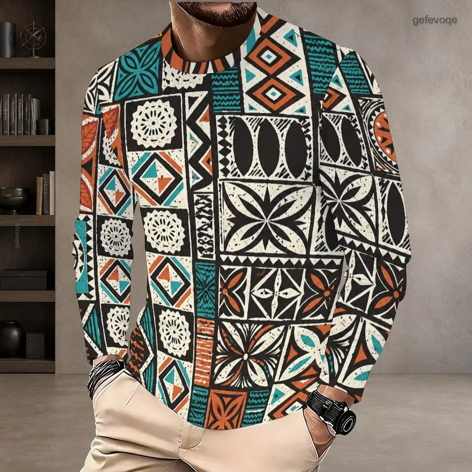 Men Round Neck Long Sleeve Tribal Geometric Patchwork Printed T-Shirt