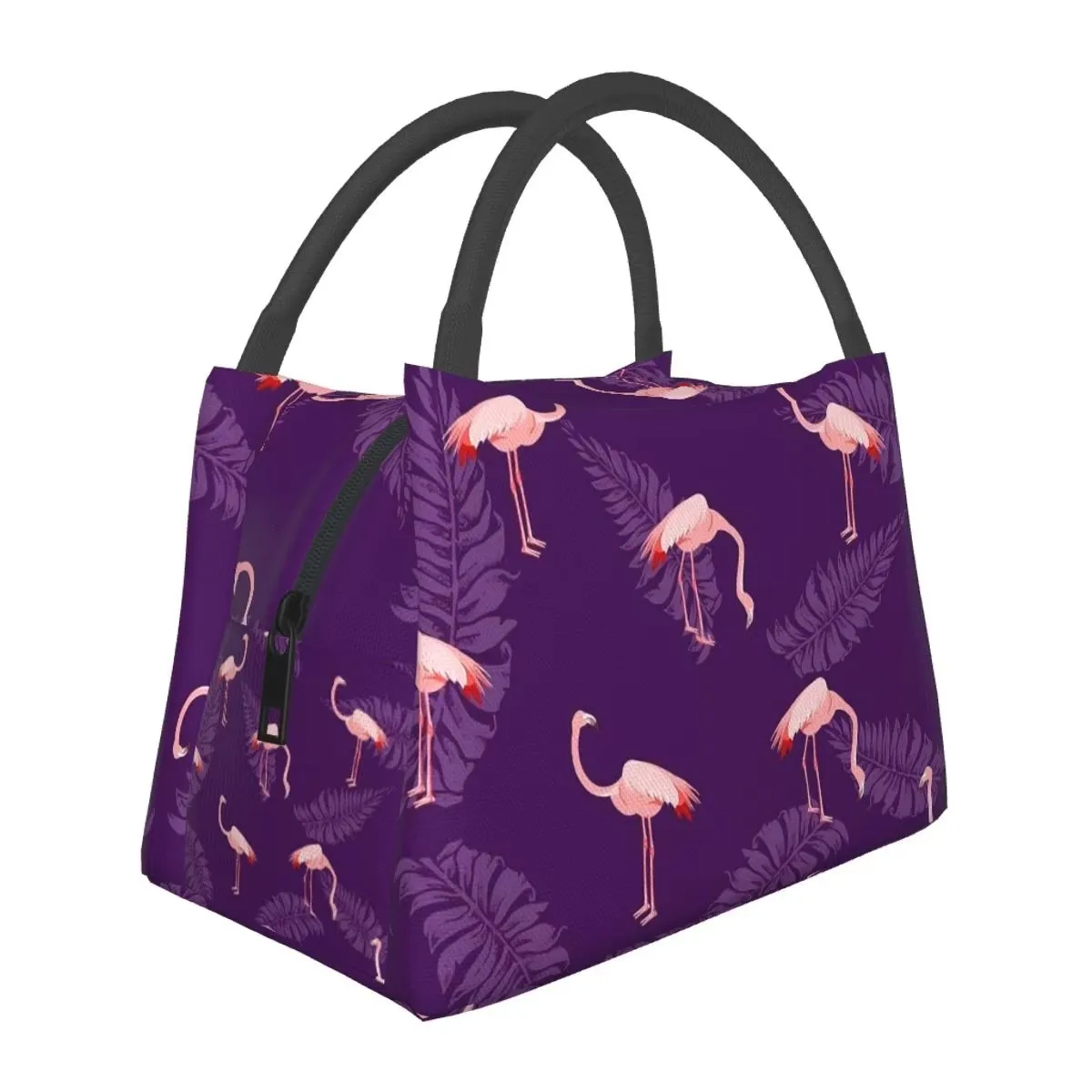 Pink Flamingo & Leaf Print Lunch Tote Bag Portable Insulated Cooler Bag For Women School Picnic