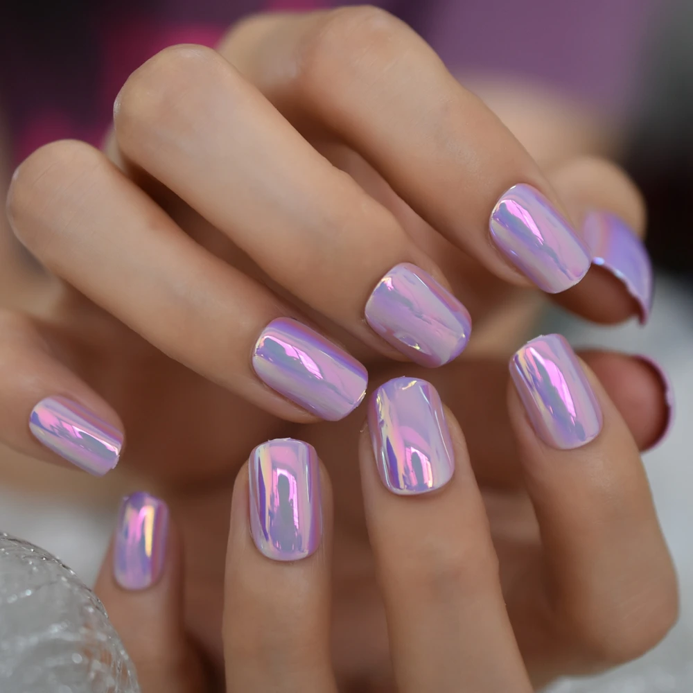 DIY Fake Nails Magic Color Chameleon Pink Purple Press on False Nails Short Fake Nails Salon Manicure Reusable Nail Art Tips