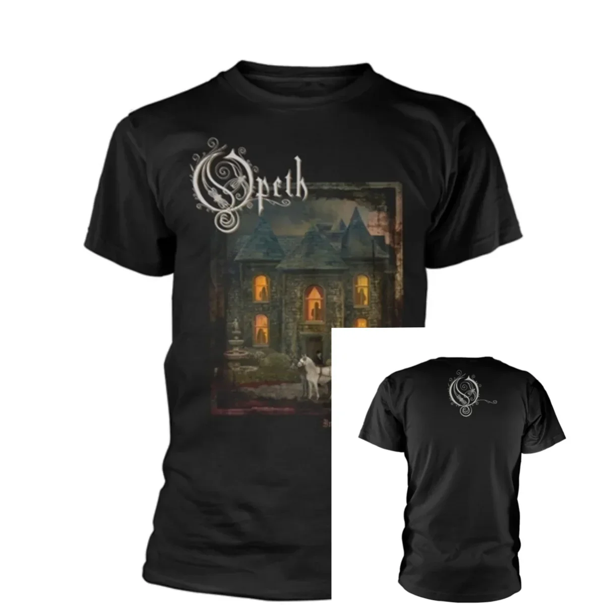 Opeth Graphic T‑Shirt Dark Medieval Fantasy Theme Print Ornate Swirly Decorative Opeth Band Logotype Skeleton Rider