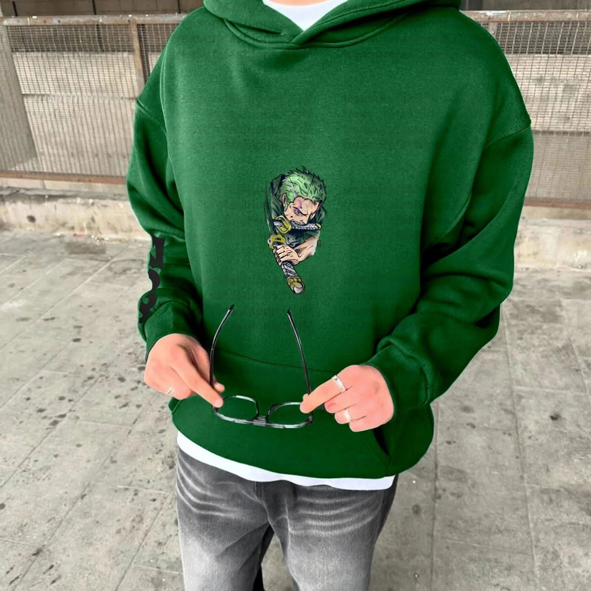 ワンピースゾログリーンパーカー男性女性秋冬ルーズカジュアルストリートウェアランニングフィットネス三刀流スタイルアニメスウェットシャツ