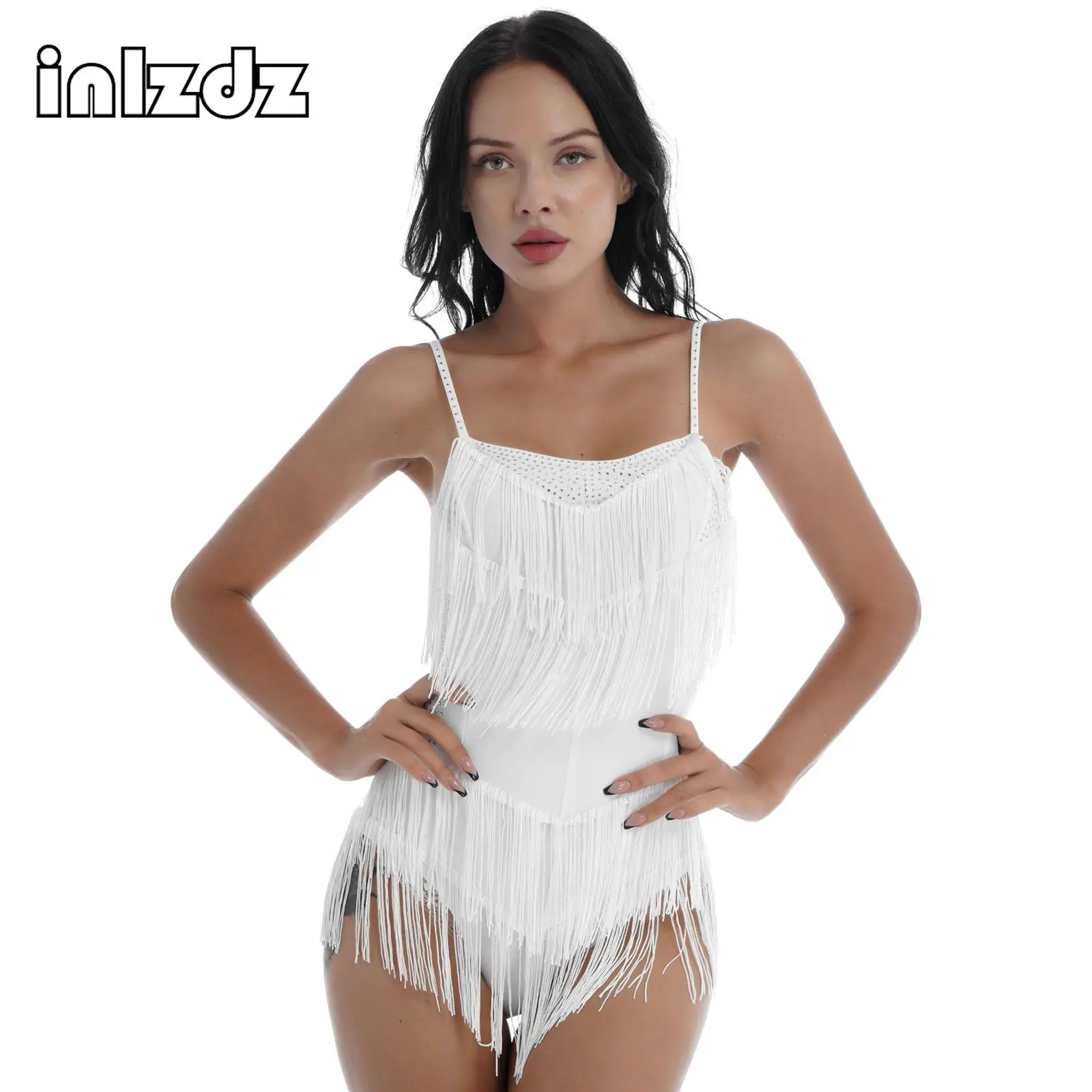 Sparkly Tassel Bodysuit Latin Dance เสื้อผ้าผู้หญิง Rhinestone Fringed Leotard บัลเล่ต์ Dancewear สำหรับเวทีการแข่งขัน