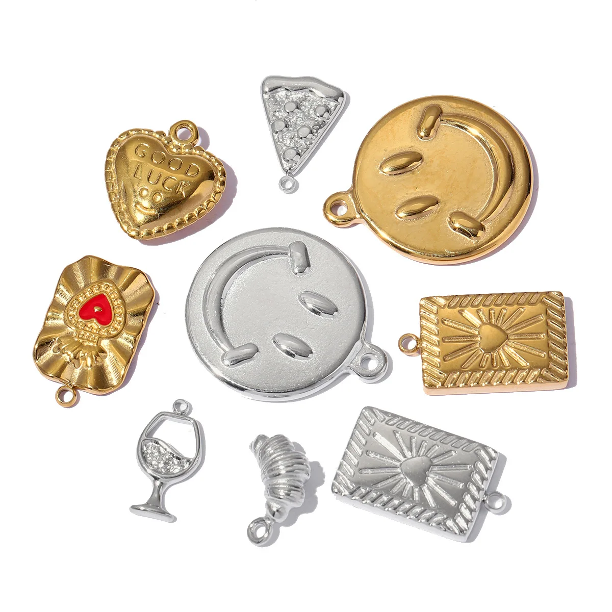 3pcs/lot 14K Gold Plated Smile Face Stainless Steel DIY Charm Necklace Tredny Goblet Pizza Good Luck Heart Pendant Woman Jewelry