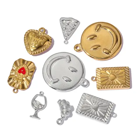3pcs/lot 14K Gold Plated Smile Face Stainless Steel DIY Charm Necklace Tredny Goblet Pizza Good Luck Heart Pendant Woman Jewelry