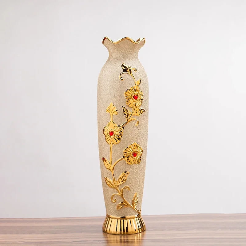 60cm floor to floor ceramic large vase, European style vase decoration, living room TV cabinet, porch, golden flower arrangement