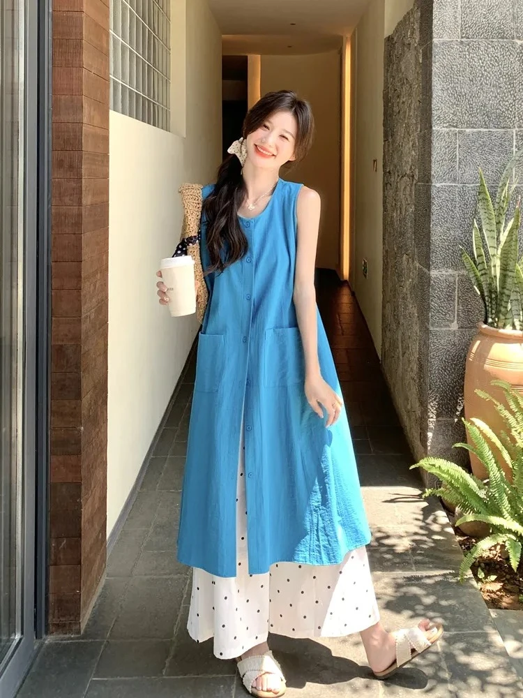 Conjunto de 2 Piezas: Vestido Camisero Azul sin Mangas y Pantalones Anchos con Puntos Blancos, Atuendo Casual de Verano para Mujer 2026