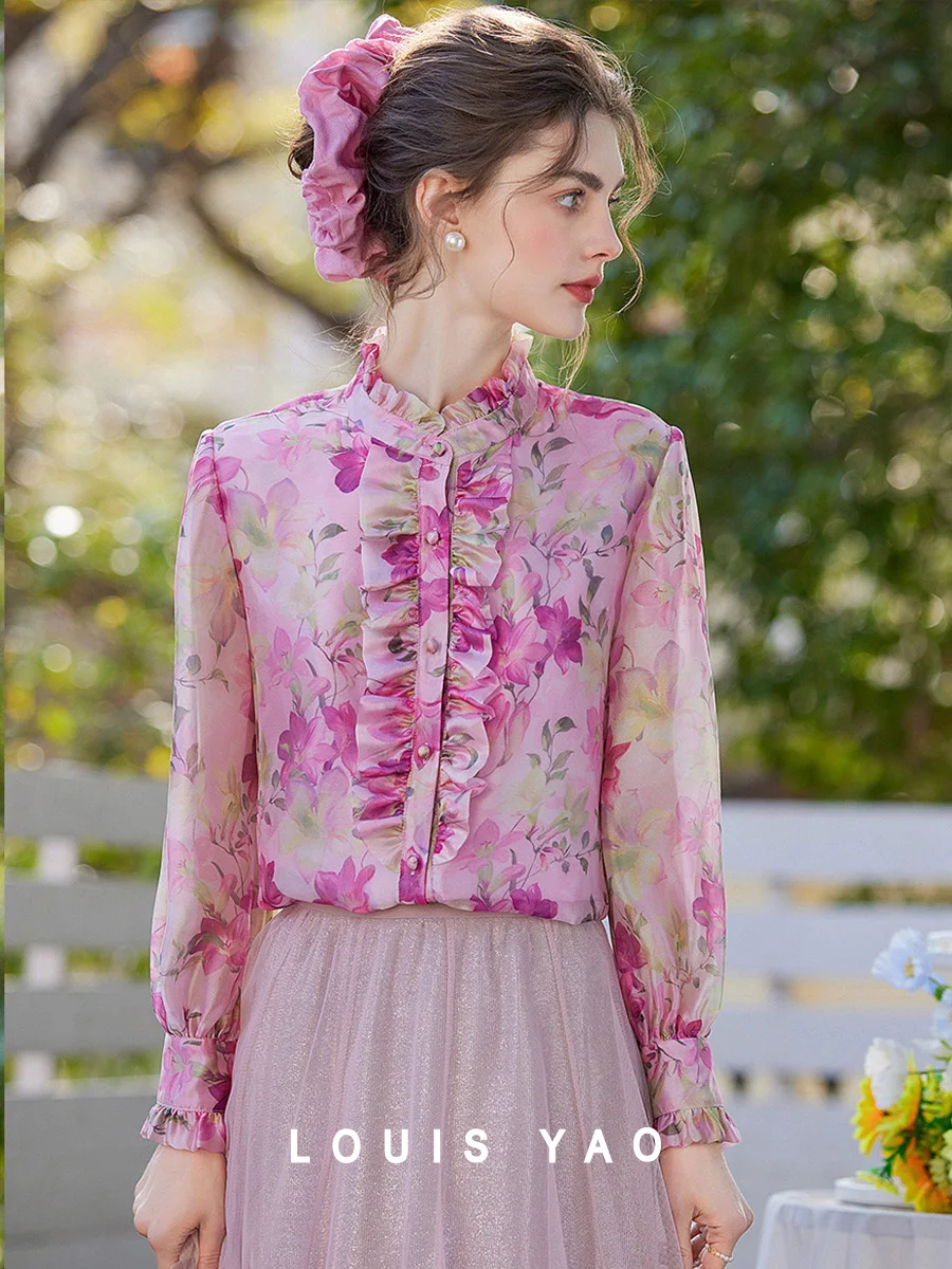 

LOUIS YAO 2025 Spring Edible Tree Fungus Printed Shirt Gentle Elegant Stand Up Collar Lightweight Long Sleeve Women's Shirt