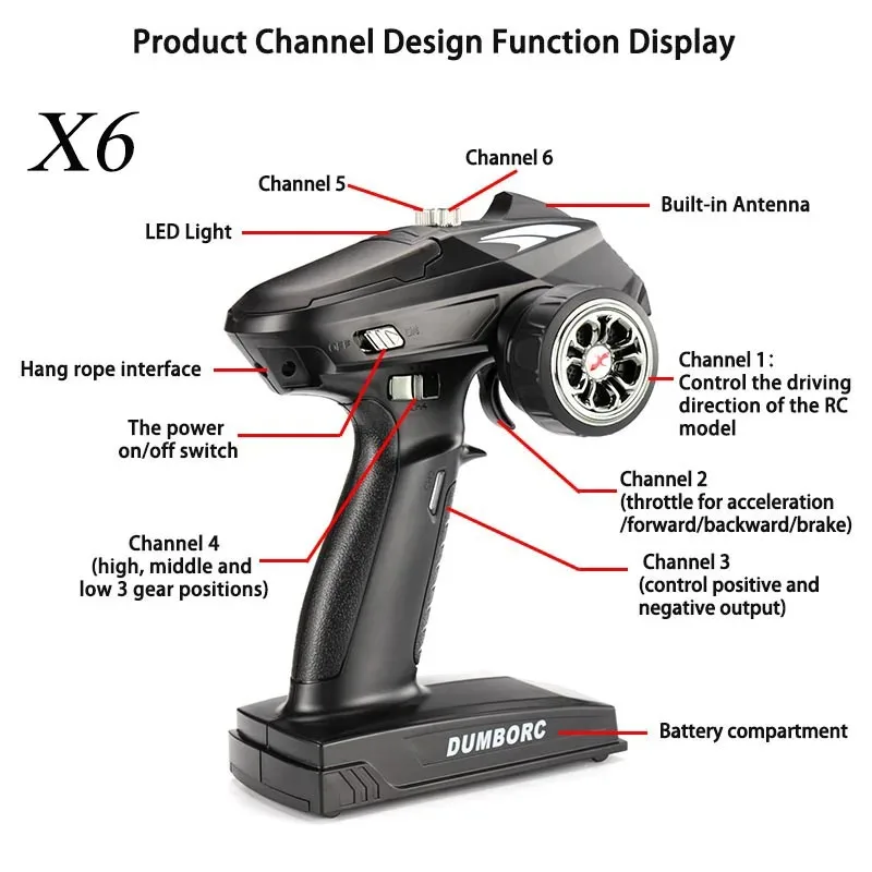 DumboRC X6 2.4GHz 6CH Radio Transmitter P6F P6FG Receiver Built-in Gyro w/3CH Light Control Cable For Hyper Go 16207 16208 14210