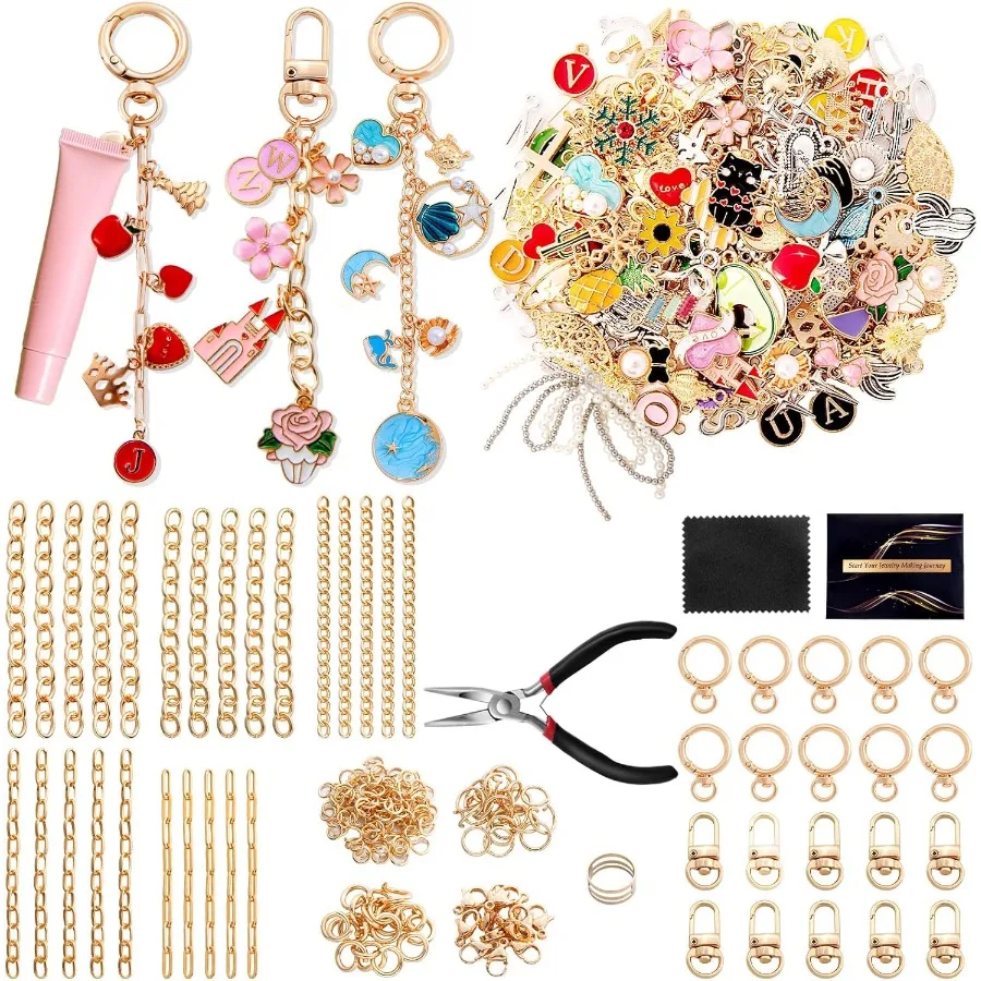 

325Pcs Charms Lip Gloss Keychain Making Kit Including 20 Keychain Clips 25 Extender Chain 118 Charms Jewelry Plier Bag Charm Ki