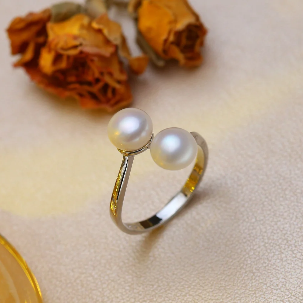 

Freshwater Pearl Ring Cultured White Cubic Zirconia Double Pearl Ring For Women
