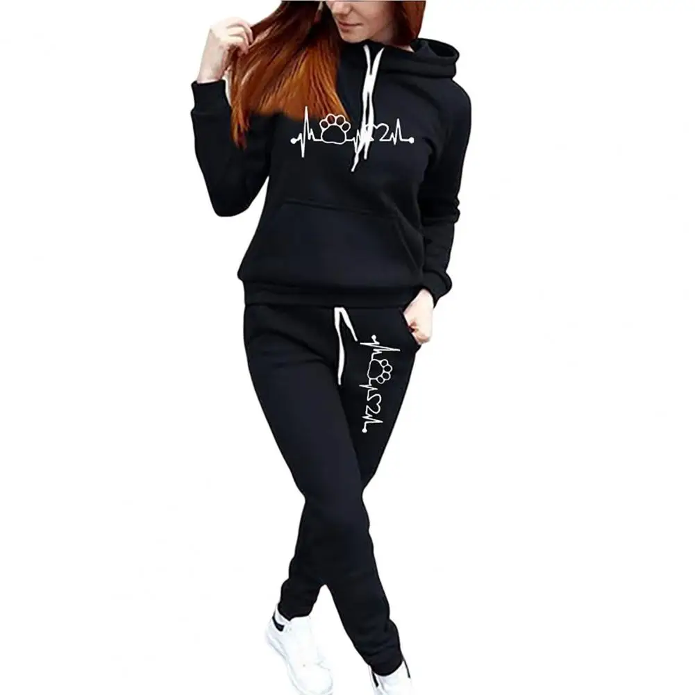 2Pcs/Set Long Sleeve Drawstring Elastic Waist Mid-rise Casual Tracksuit Women Autumn Winter Hooded Sweatshirt Pants Set