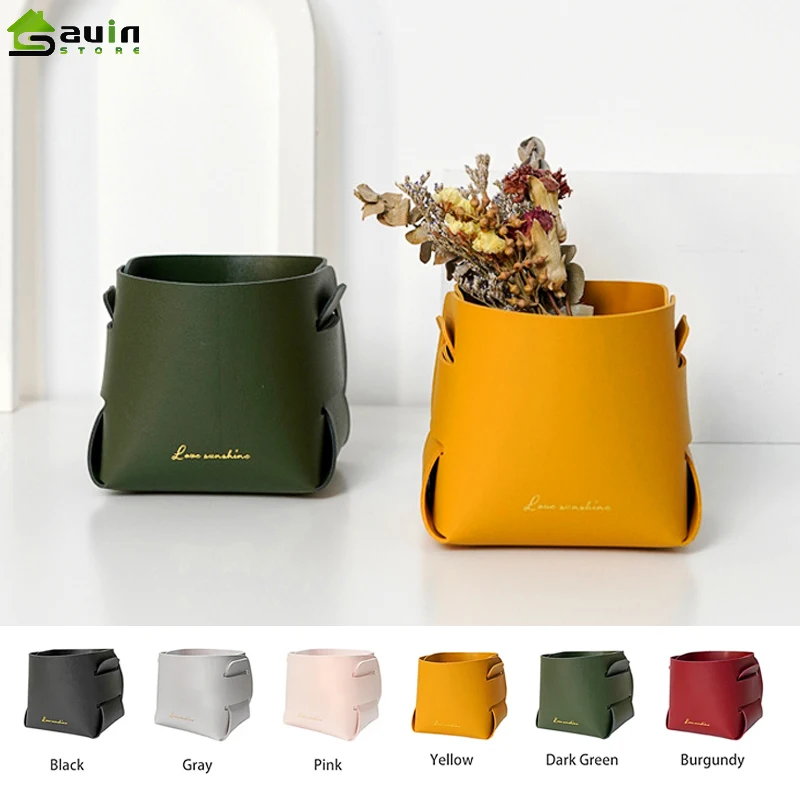 1pc Nordic Leather PU Storage Bag Desktop Makeup Brush Storage Pen Holder Creative Folding Portable Leather Storage Box 7 Colors