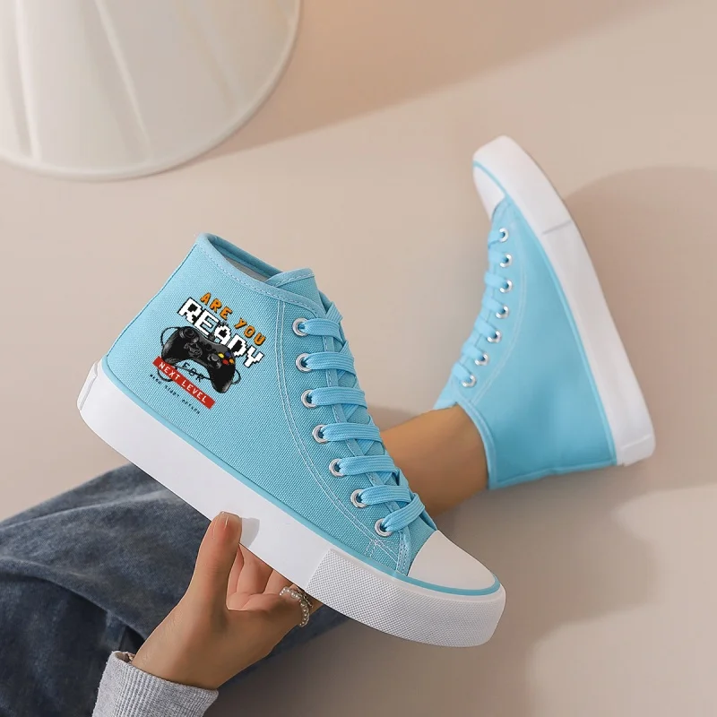 

Women's Light Blue High-Top Canvas Sneakers: Chunky Platform & Lace-Up. Gamepad Print for Daily Wear with Jeans & Hoodies.