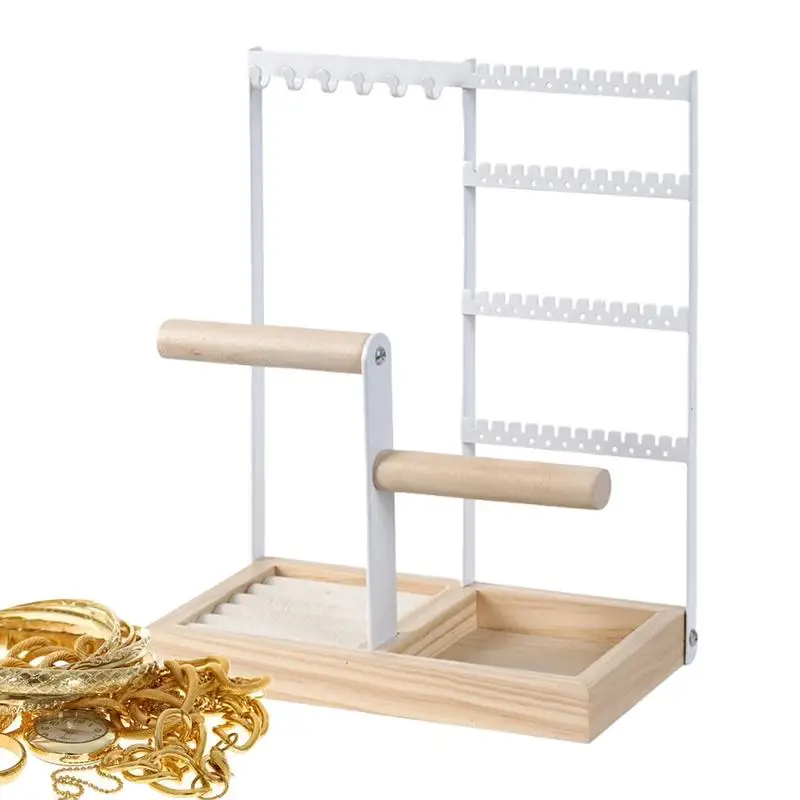 

Necklace Holder Organizer 4-Tier Metal Frame Jewelry Organizers And Storage Jewelry Stand Teen Room Decor Wooden Base Design