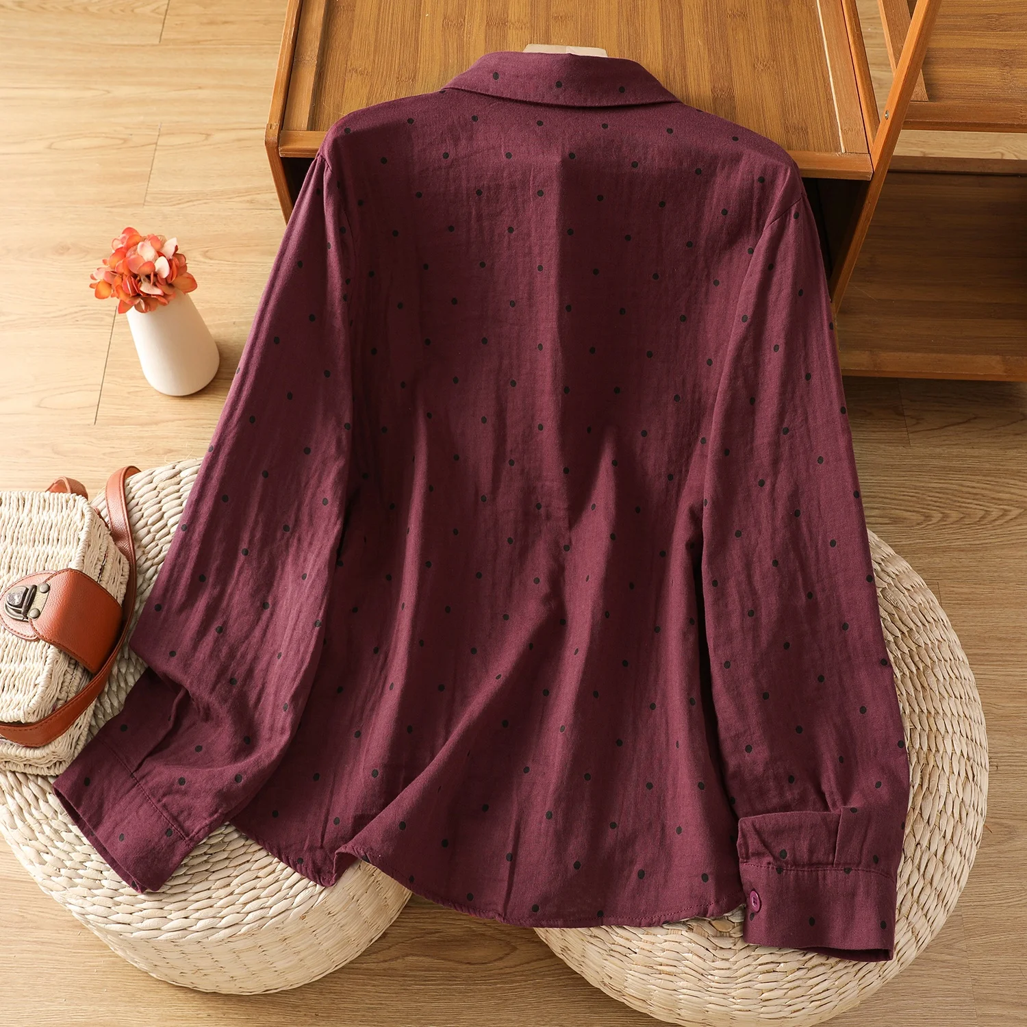 Fre Sle Double Layered irt Women's Long Sve Cotton Linen Blend Polka Dot Button up Casual Artistic Spring Autumn Top