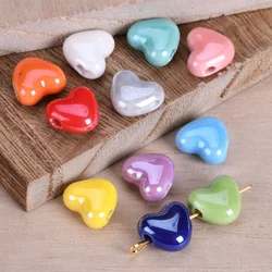 10pcs Heart Shape 11mm Cross Hole Glaze Ceramic Porcelain Loose Beads For Jewelry Making DIY Bracelet Findings