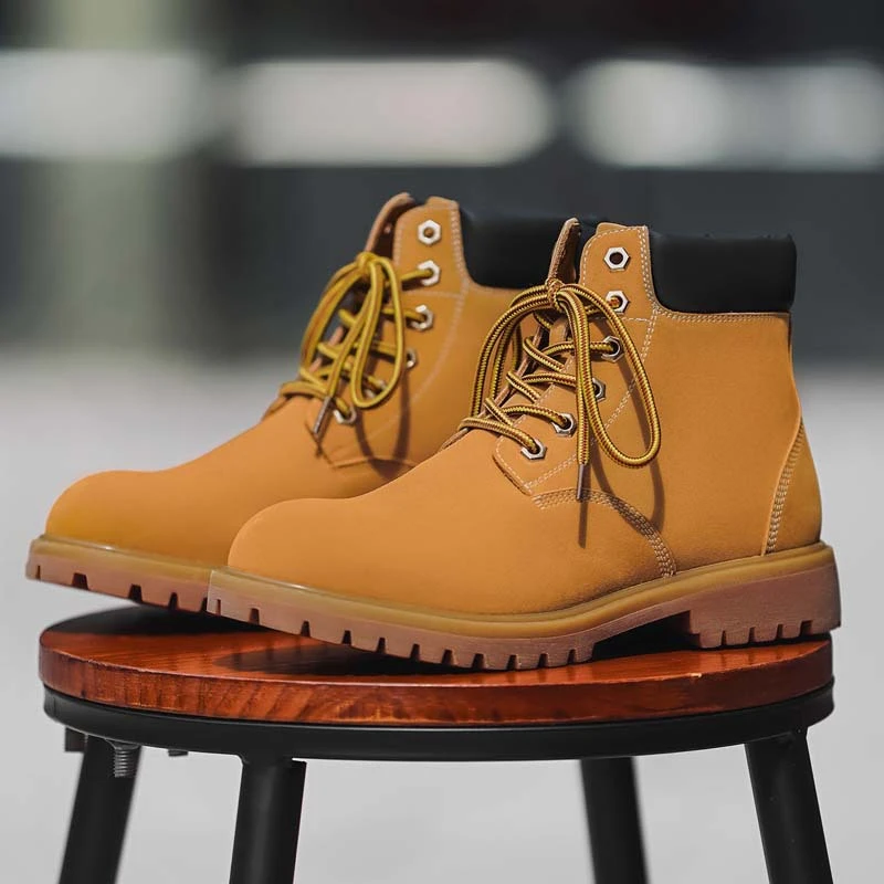 Men Autumn Winter Yellow Work Boots Plush Lined Warm Ankle Boots British Style Trendy Casual Wear‑Resistant Outdoor Martin Footw