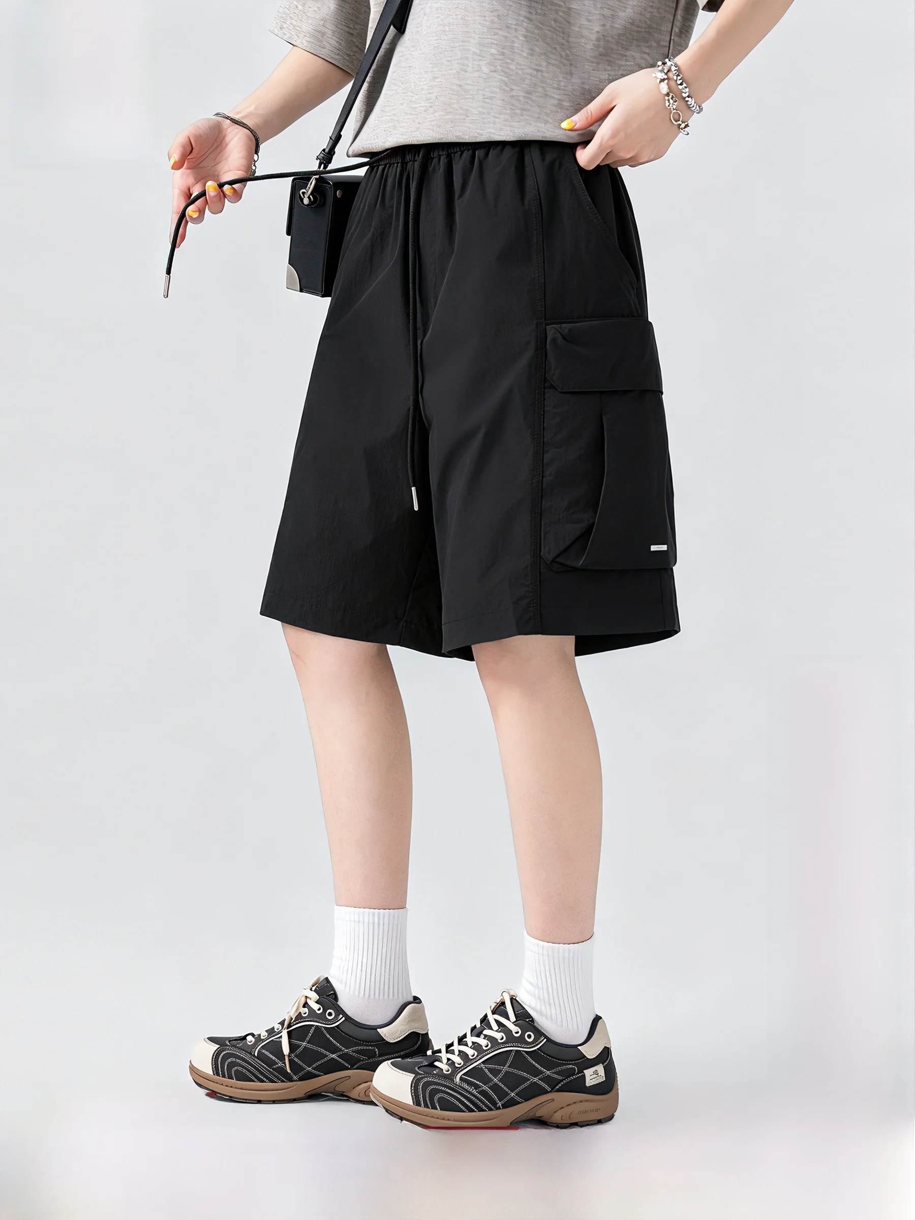 AOGZ Summer Dopaamine Workwear Shorts Men's Quick Dry Outdoor Sports Five-Quarter Casual Loose Fit Polyester Fiber Shorts