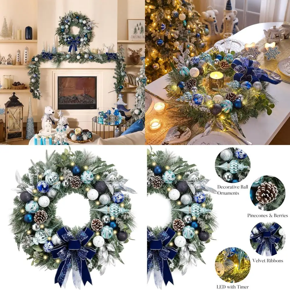 

24 Inch Pre-lit Christmas Wreath with Silver Blue Lights and Ribbons for Outdoor Holiday Decor